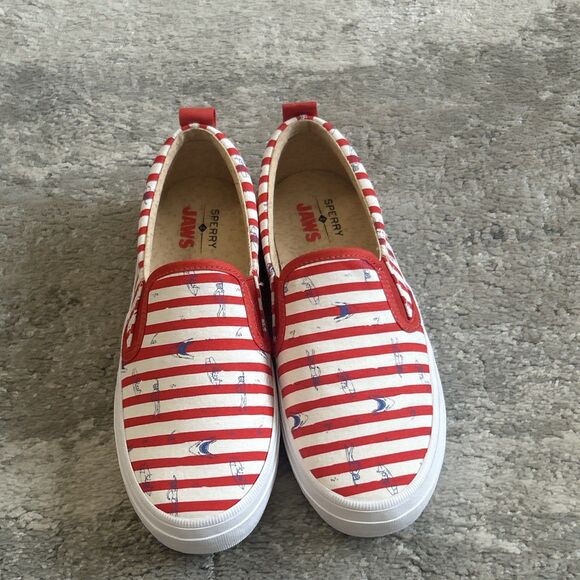 Sperry x Jaws Shoes Womens 6 Crest Vibe Red White Striped Slip On Sneakers - Picture 2 of 10